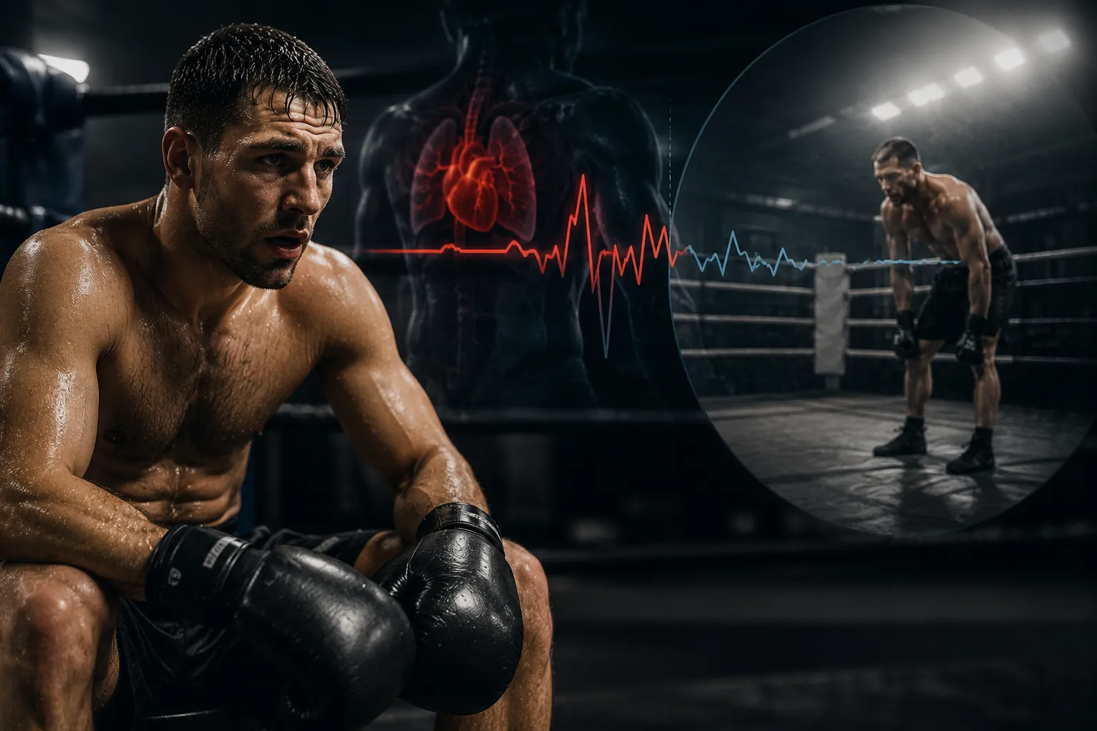 An exhausted fighter sits in the corner of the ring in boxing gloves, with a heart-rate waveform and heart silhouette overlaid behind him; an inset shows him leaning on the ropes