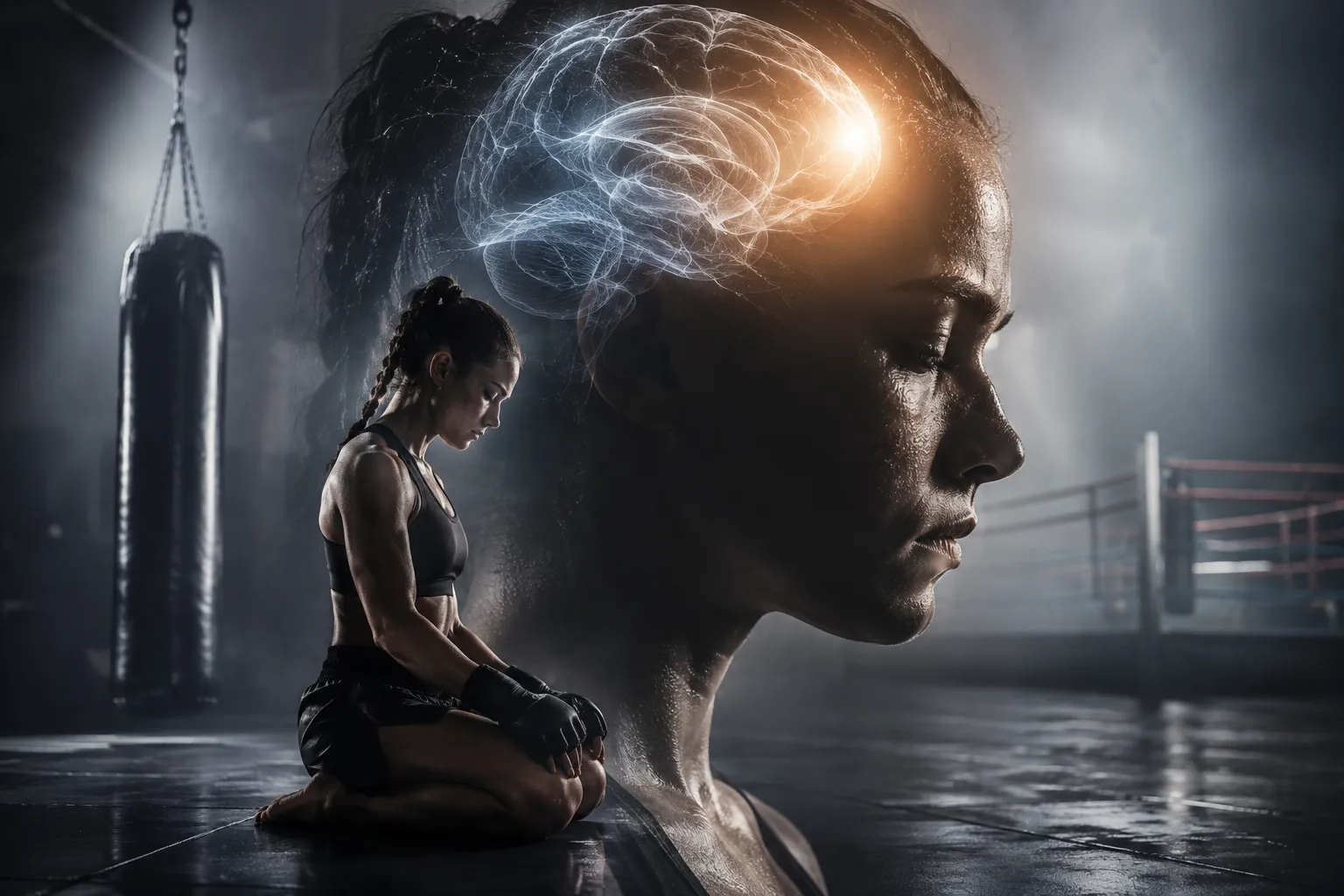 A female fighter sits in a meditative pose in a gym next to a heavy bag and a boxing ring, with a translucent silhouette of a head showing a glowing brain above her