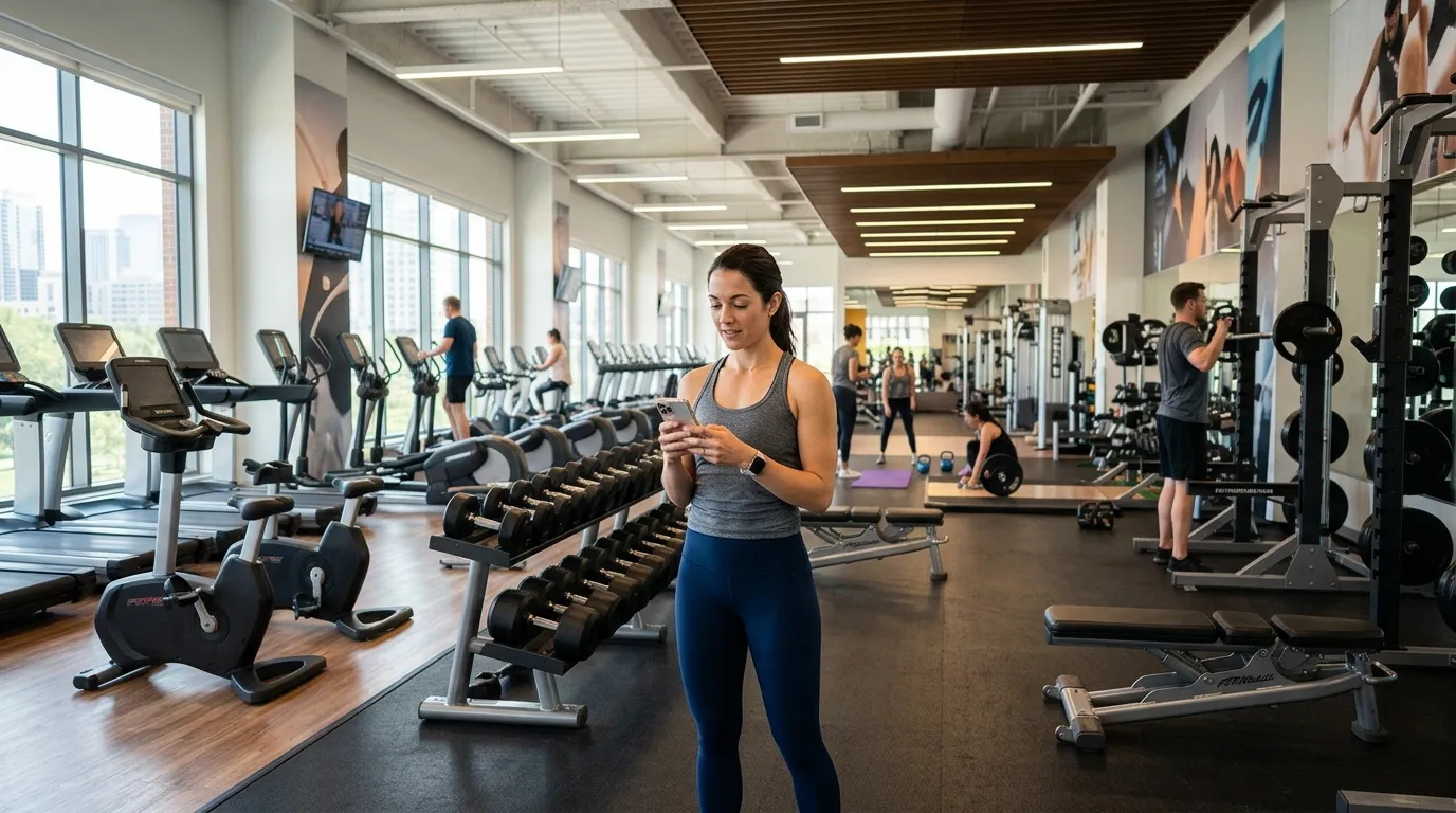 A woman in a modern gym checks her smartphone, with a cardio zone, dumbbell racks, and other visitors in the background