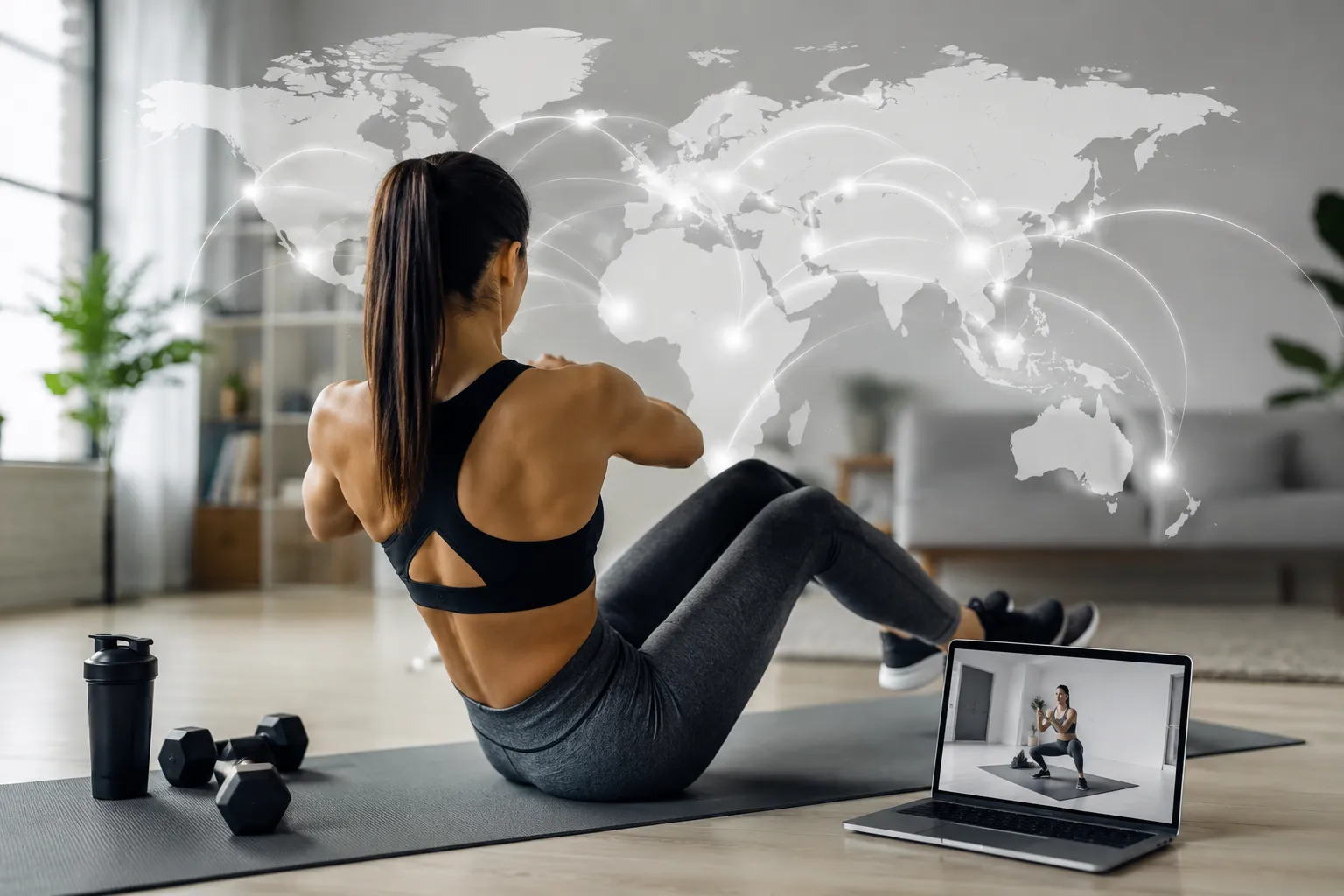 A woman doing an ab workout at home on a yoga mat, with a laptop showing an online training video nearby, a world map silhouette with connection lines in the background