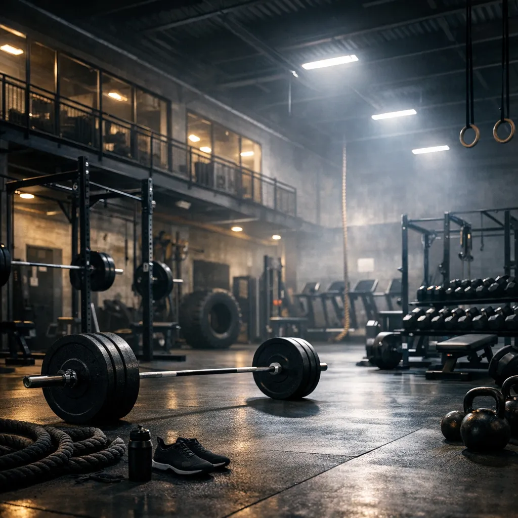 Industrial gym with barbell, kettlebells, and rings