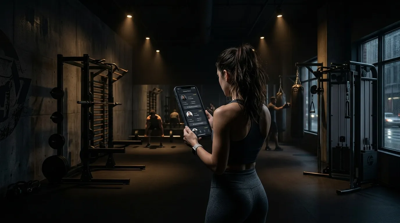 A woman holds a tablet showing coach profiles in an app while standing in a dark gym, with a boxer at a heavy bag and a lifter in the background