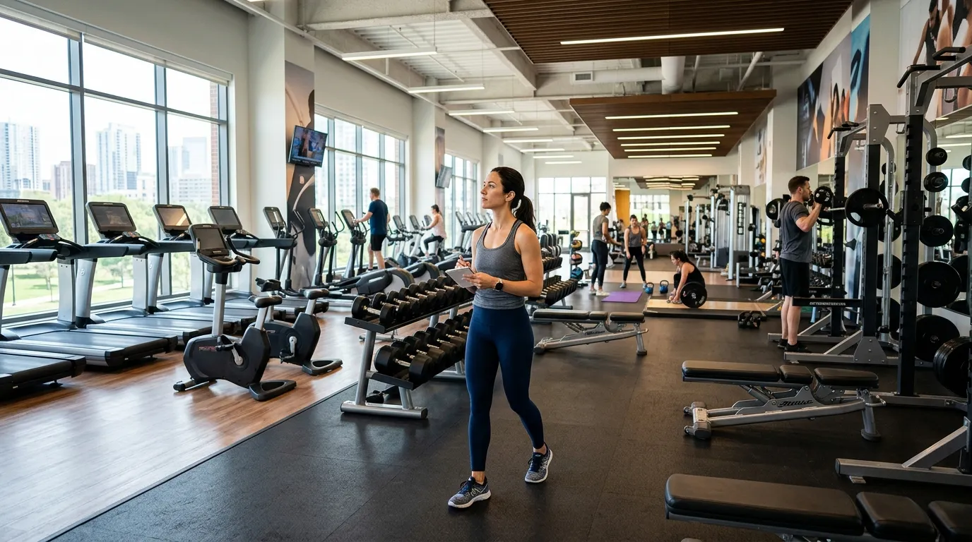 A woman looks around a spacious modern gym with a cardio zone, dumbbell racks, and floor-to-ceiling windows