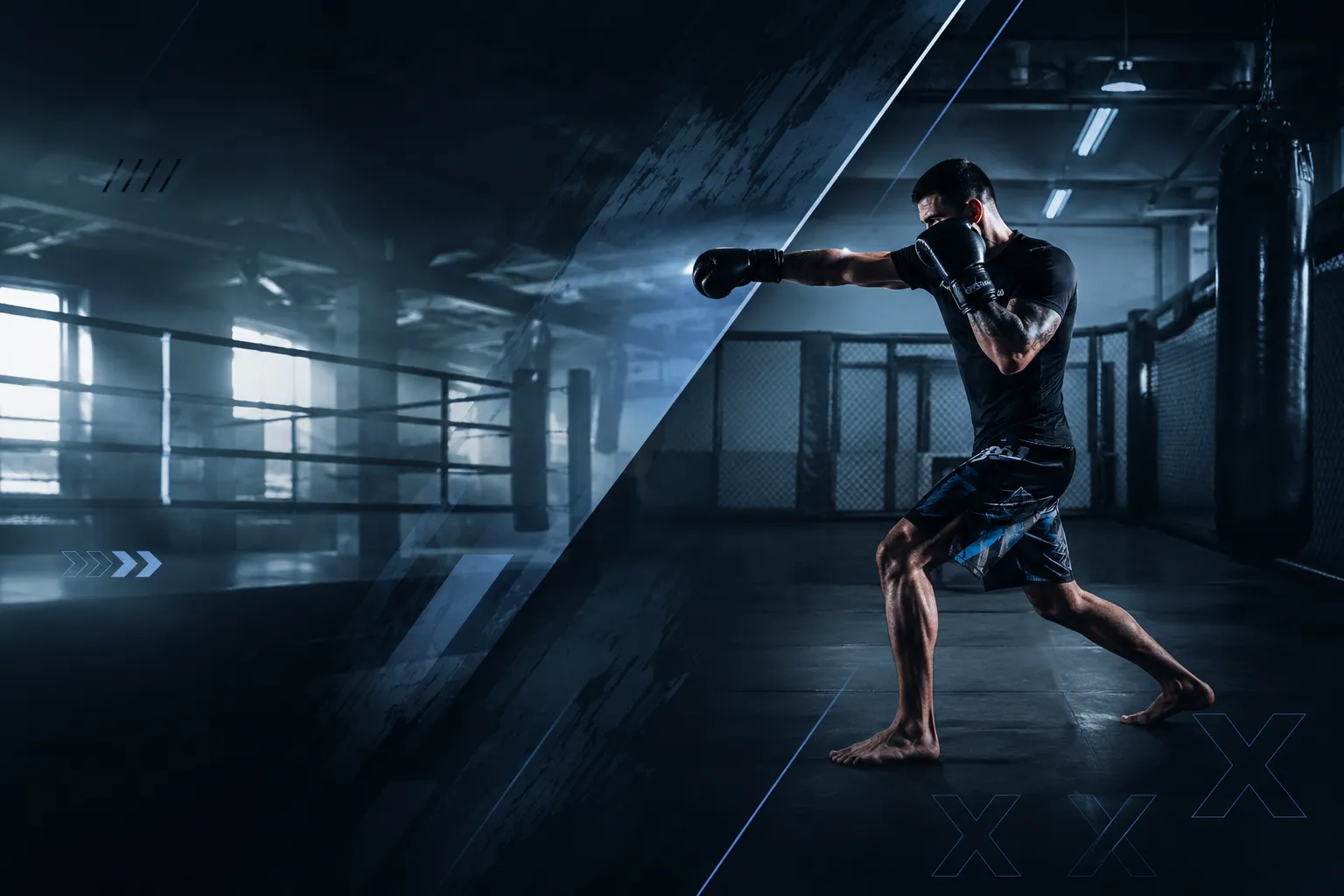 Collage of hybrid fighter training in a dark gym: a boxer throwing a punch, an athlete pushing a weighted sled, a fighter kicking a heavy bag, grappling on the mat, and performance charts