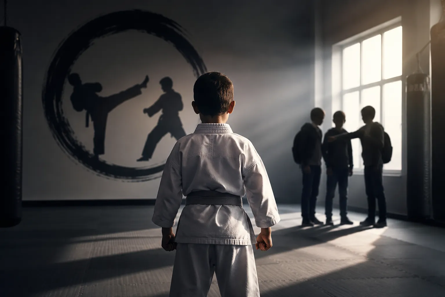 A young boy in a white gi stands calmly facing a group of schoolkids in a martial arts hall, with a mural of fighter silhouettes on the wall