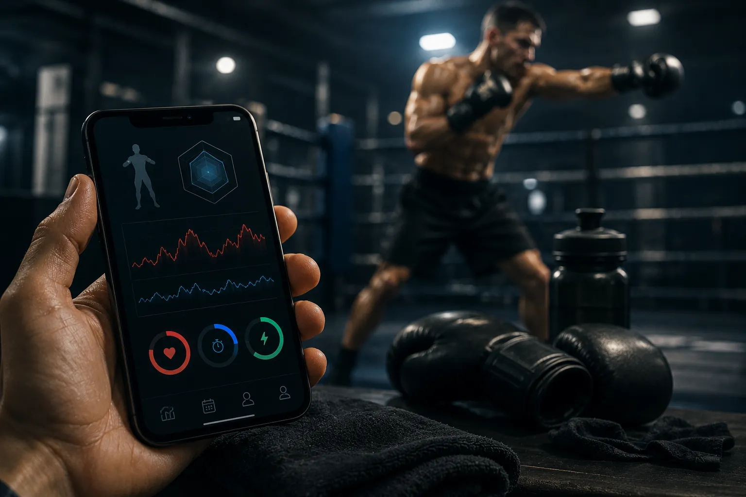 A hand holds a smartphone showing a fitness app dashboard with heart-rate graphs and stats, while a boxer throws a punch in the ring behind it, with gloves and a water bottle nearby