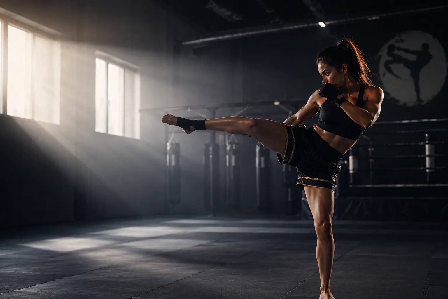 Female Muay Thai fighter performing a high kick in a sunlit gym, with heavy bags and a boxing ring in the background