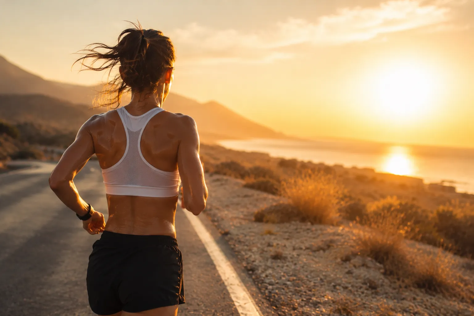 A female runner runs along a road at sunset, her sweaty back visible, with a coastline and arid landscape in the background
