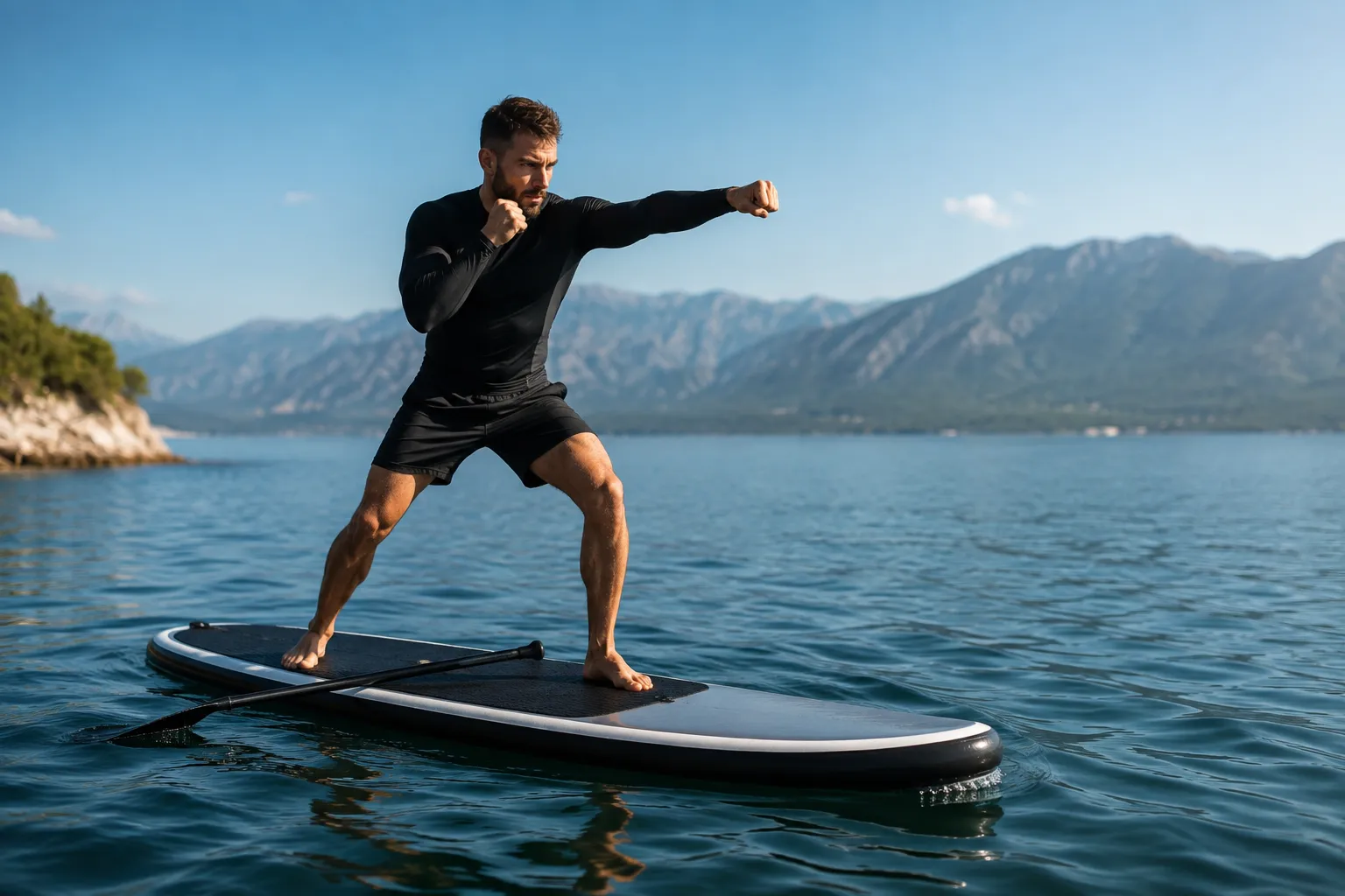 A man in a fighting stance throws a straight punch while standing on a SUP board on calm water, with mountains in the background
