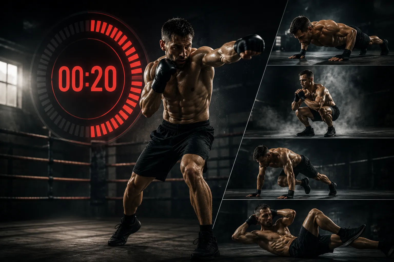 A fighter in gloves throwing a straight punch against a "00:20" countdown timer; alongside, a collage of the Tabata complex exercises — push-up, squat, mountain climber, sit-up