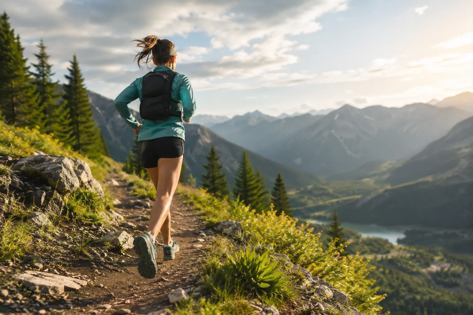 A woman with a running pack sprints along a mountain ridge trail at sunset, with a forested valley and lake in the background