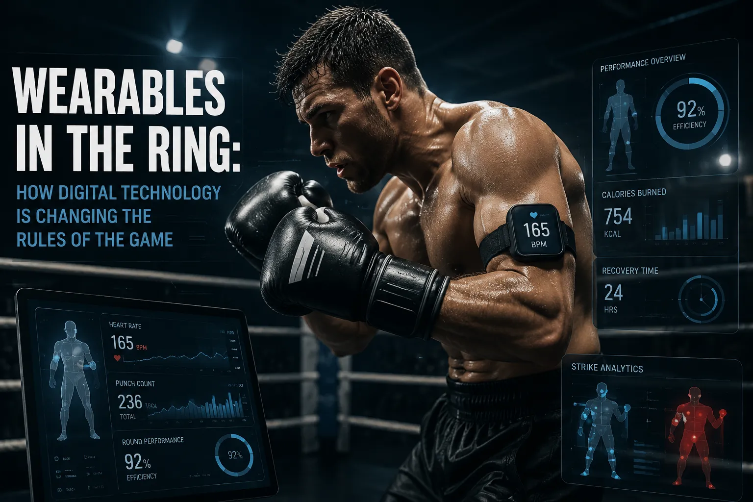 A boxer in fighting stance wearing an armband heart-rate monitor showing 165 bpm, surrounded by dashboard overlays with calories burned, recovery time, punch count, and round efficiency